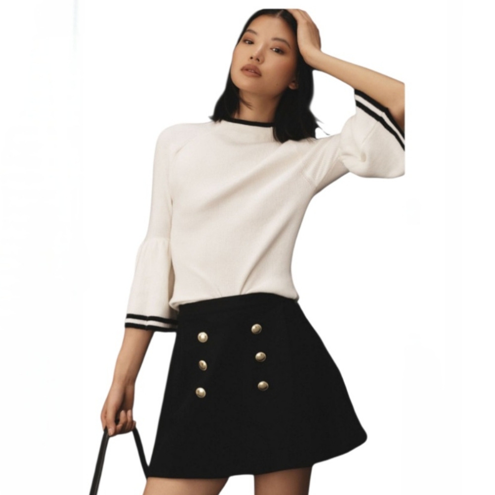 Maeve by Anthropologie Modern Flute Sweater White w/Black Trim size Small